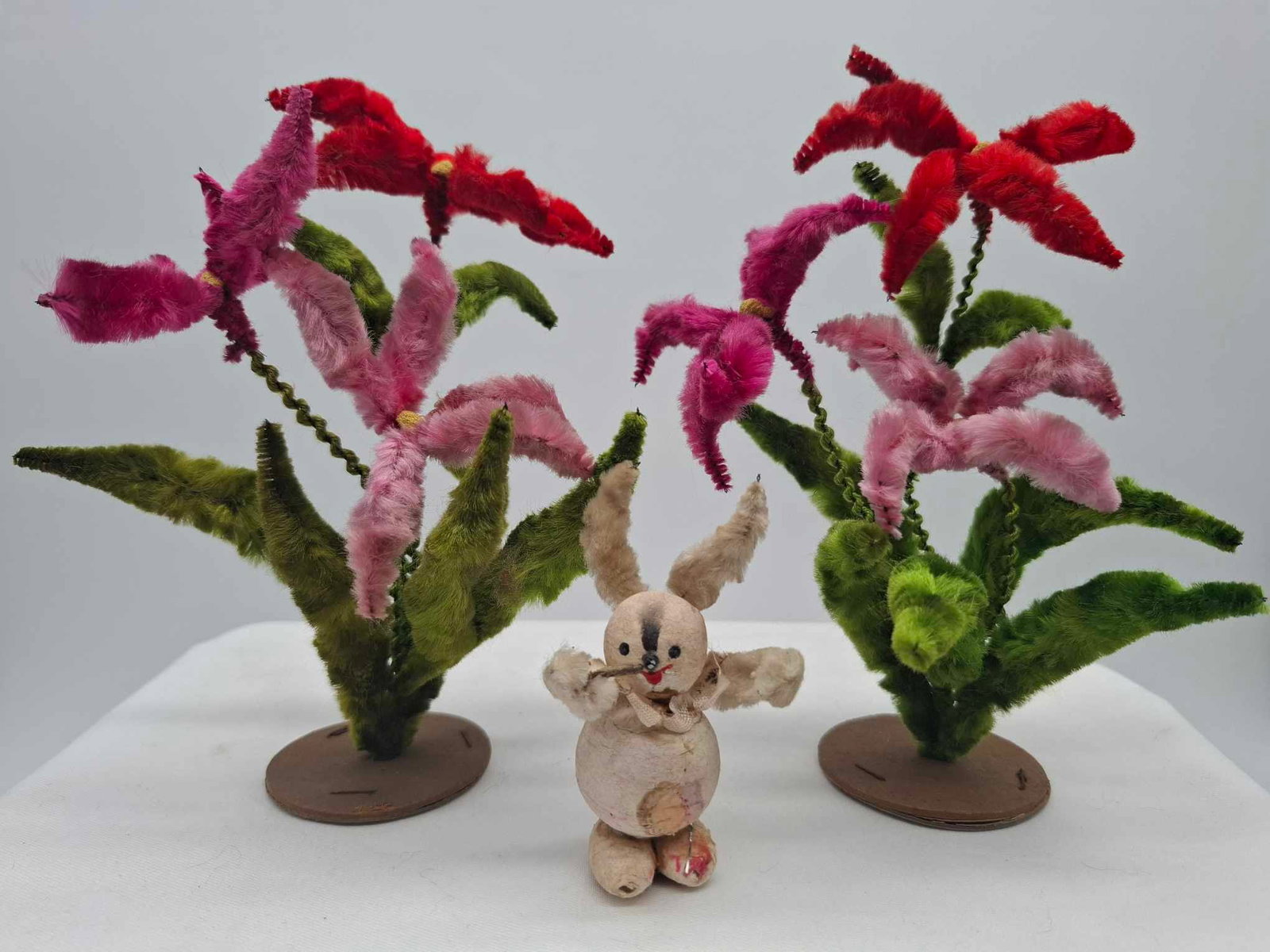 Spun Cotton Rabbit & Chenille Flowers: Very Nice Old German spun cotton rabbit and chenille flowers, flowers about 7 inches