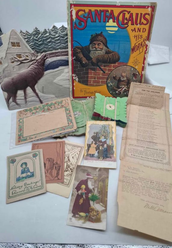 Antique & Vintage Christmas Ephemera: a nice large lot of old and vintage Christmas, a Thomas Nast Book, embossed Germany calendar top, a wonderful Gingerbread Man Poem from 1906, honeycomb, a neat lot