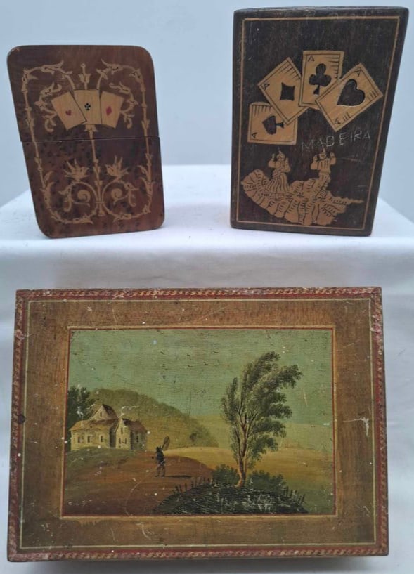 Sorrento Playing Card Holders & Bone Game Counters ~ Hand Painted Boxes: a nice lot of old card holders and game counters made of Bone, boxes are hand painted but have wear, see photos, inlaid Sorrento ware, one card holder is FULL of Jokers, large box is 5 1/2 x 7 1/2 x 2