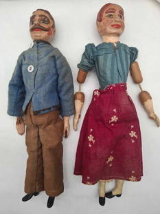 Folk Art Wooden Dolls ~ Original Clothes ~ 1920s: Great Pair of wooden dolls in their original clothes, they are all wood jointed, no restoration, missing thumbs (see Photos) about 13 inches tall,