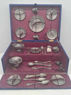 1850s Doll Size Pewter Dinner service in Original Box: a rare set to have survived with its original box, a nice old set from the mid 1800s, some of the red cords are broken or disconnected, it displays well, vivid blue color of the box, box about 10 x 7