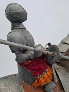 Antique Knight on Horseback ~ High Quality: this a wonderful antique figure of a Knight on Horseback, wood, cloth, tin and Cast Pewter, High Quality with amazing detail, he is about 11 inches tall,