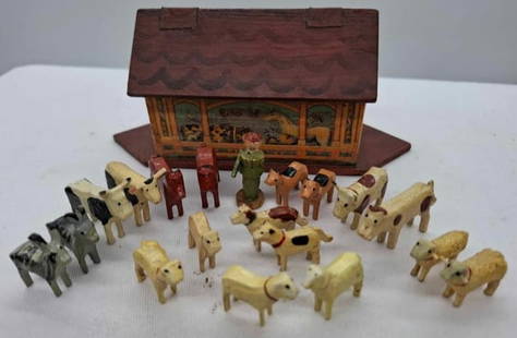 Erzgebirge Noah's Ark ~ Rare Miniature: this is a wonderful little ark, I have never seen another one in this size, it is only 6 inches long and 2 1/4 inches tall, 18 animals and one figure, the ark is wood covered in Lithographed Paper, pe