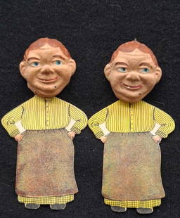 Old German Lapel Pins ~ Paper Mache & Paper: these are rare survivors, about 4 inches tall, paper mâché heads with paper bodies, these date to around 1900