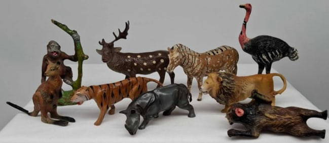 Paper Mache Putz Animals: This is a nice lot of old paper mâché Putz or Nativity animals, the monkey is about 4 1/2 inches tall, some paint loss and damage, see photos, made in Czechoslovakia