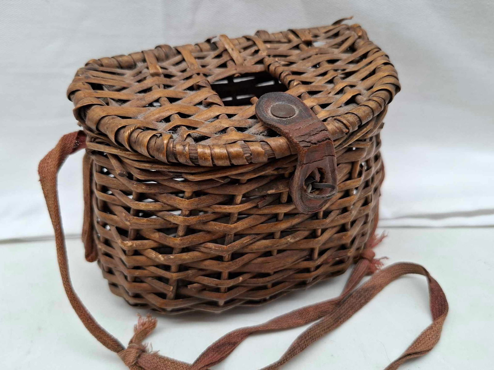 Miniature Fishing Creel ~ Perfect for Santa or Doll: a rare wonderful little item, made of wicker and leather, very good with no damage or repair, about 4 inches tall