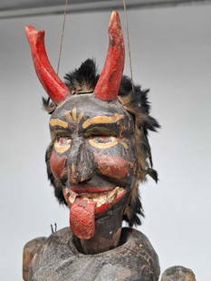 Rare 19th century Krampus Marionette Puppet: A Very Rare Antique Krampus Puppet, he is made of Wood, Cloth, Fur and Leather, he is about 15 inches tall, beautifully carved and painted, he is missing his right arm, he does not have any repair or