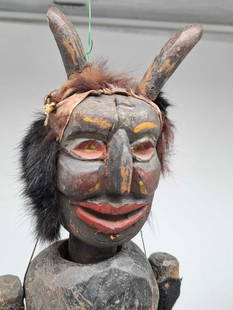Rare 19th century Krampus Marionette Puppet: A Very Rare Antique Krampus Puppet, he is made of Wood, Cloth, Fur and Leather, he is about 22 inches tall, beautifully carved and painted, he does not have any repair or repaint, great original surfa