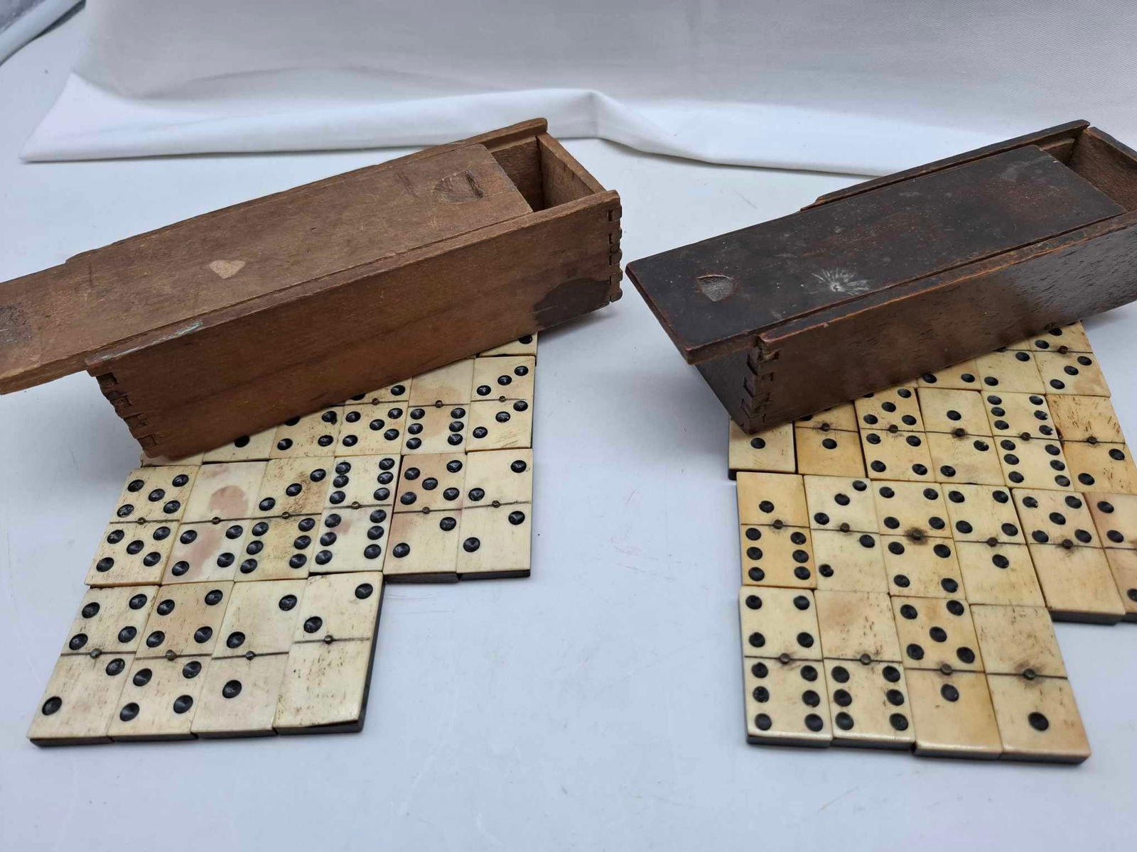 Bone & Wood Dominoes ~ Circa 1860s: two sets of dominoes, original wooden slide boxes, these date to the late 1800s, large box is about 6 3/4 x 2 1/2 inches