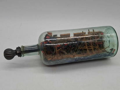 Ships in a Bottle Harbour Scene: this is a very nice old Harbour Scene with several ships, well made with a Lot of Detail, bottle is about 11 1/2 inches