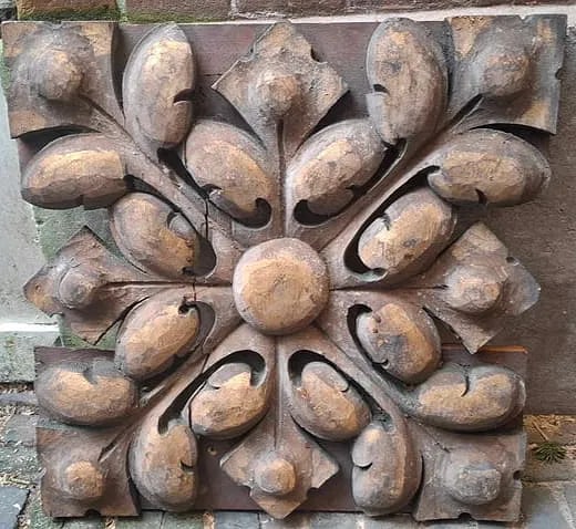 Carved & Painted Wooden Panel, Amsterdam, circa 1800: An exceptional carved and painted wooden panel dating to around 1800 or Earlier, of Dutch origin. This striking piece features deep, expressive carving highlighted by remnants of rich green and gilt