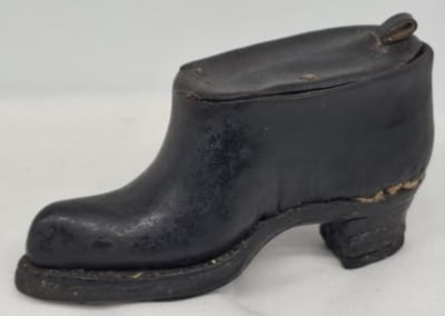 Early 19th Century Handmade Leather Shoe-Form Box / Snuff or Tobacco Casket: A charming and highly unusual early 19th century handmade leather box, beautifully crafted in the whimsical form of a shoe. This delightful miniature object possesses wonderful proportions and a rich