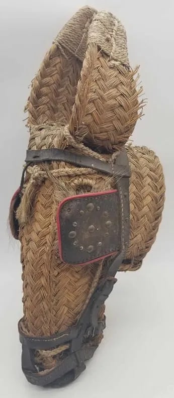 Large Vintage Wicker Donkey Head with Leather Harness: A wonderfully expressive vintage wicker donkey head, complete with its original leather harness. Measuring approximately 24 inches, this charming piece exudes personality and folk character, making