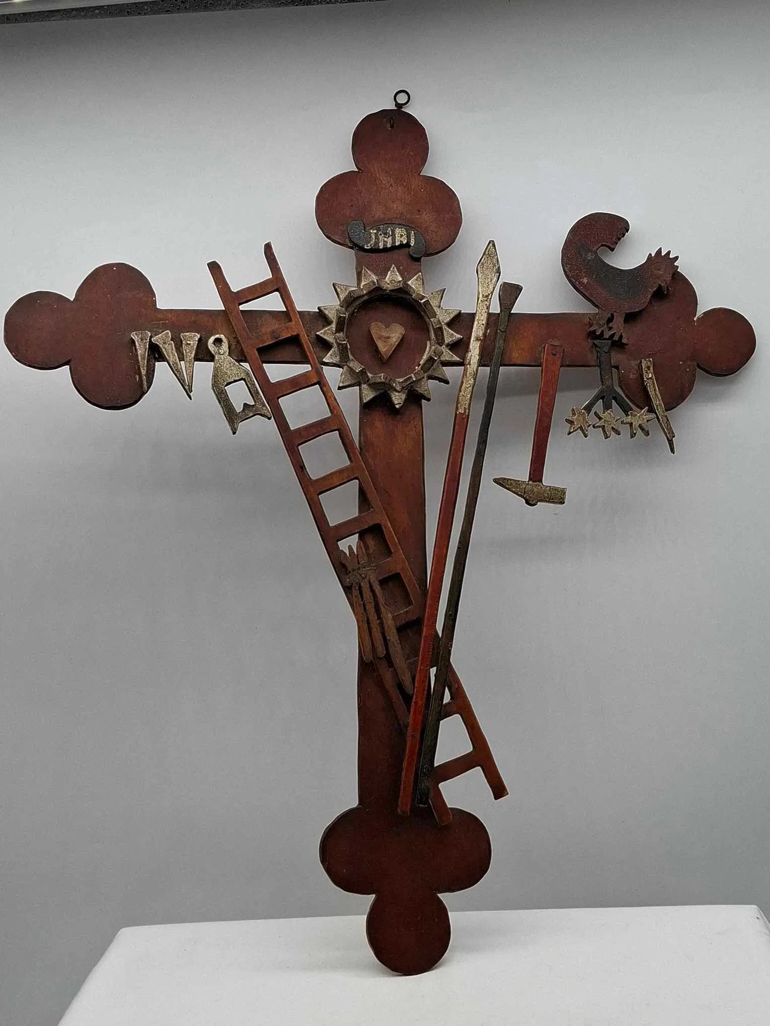 Folk Art Wooden Cross, 19th Century Dutch: A striking 19th-century Dutch folk art cross, crafted from wood and displaying a beautifully preserved original surface. Measuring approximately 20 inches, the piece combines simplicity with the expre