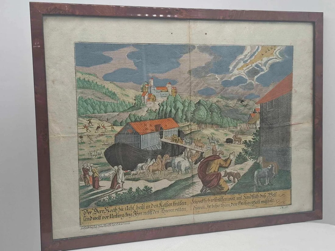 Noah’s Ark German Hand-Colored Print Featuring Unicorns, circa 1780: A charming and highly unusual German hand-colored print depicting the biblical scene of Noah’s Ark, dating to approximately 1780. This delightful and richly detailed composition captures animals