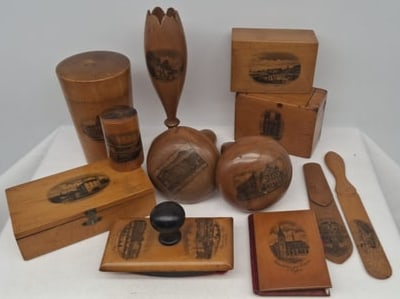 Collection of 12 Mauchline Ware Items, Some with Glass Liners: A charming collection of ten Mauchline Ware items, featuring a variety of small boxes and assorted pieces, some of which include original glass liners. Each piece showcases the characteristic finely g