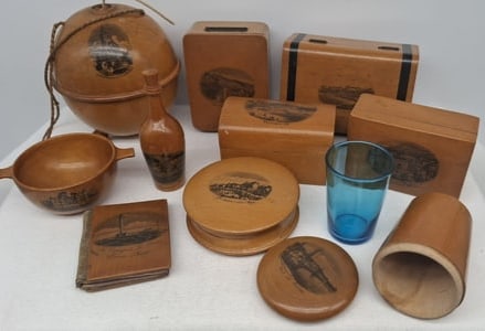 Collection of 10 Mauchline Ware Items, Some with Glass Liners: A charming collection of ten Mauchline Ware items, featuring a variety of small boxes and assorted pieces, some of which include original glass liners. Each piece showcases the characteristic finely g