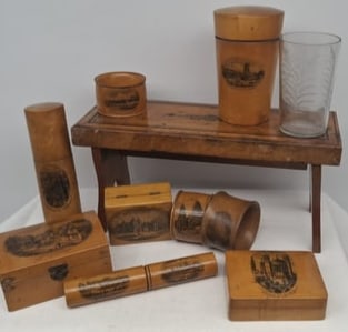 Collection of 10 Mauchline Ware Items, Some with Glass Liners: A charming collection of ten Mauchline Ware items, featuring a variety of small boxes and assorted pieces, some of which include original glass liners. Each piece showcases the characteristic finely g
