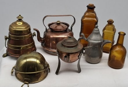 Collection of Antique Dollhouse Miniature Copper Kitchenware & Glass Bottles, Early 20th Century (1 of 5)