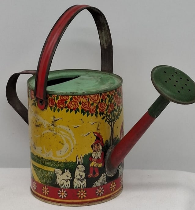 Vintage Child’s Tin Toy Watering Can – Gnomes & Rabbits – Colorful Lithography – Circa (1 of 3)