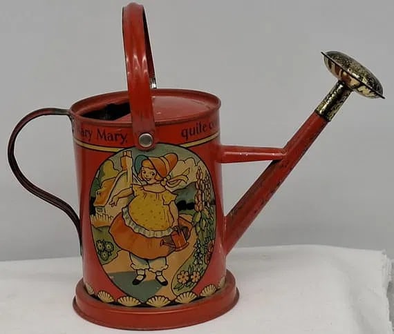 Vintage Child’s Tin Toy Watering Can – “Mary, Mary Quite Contrary” – Circa 1930s (1 of 2)