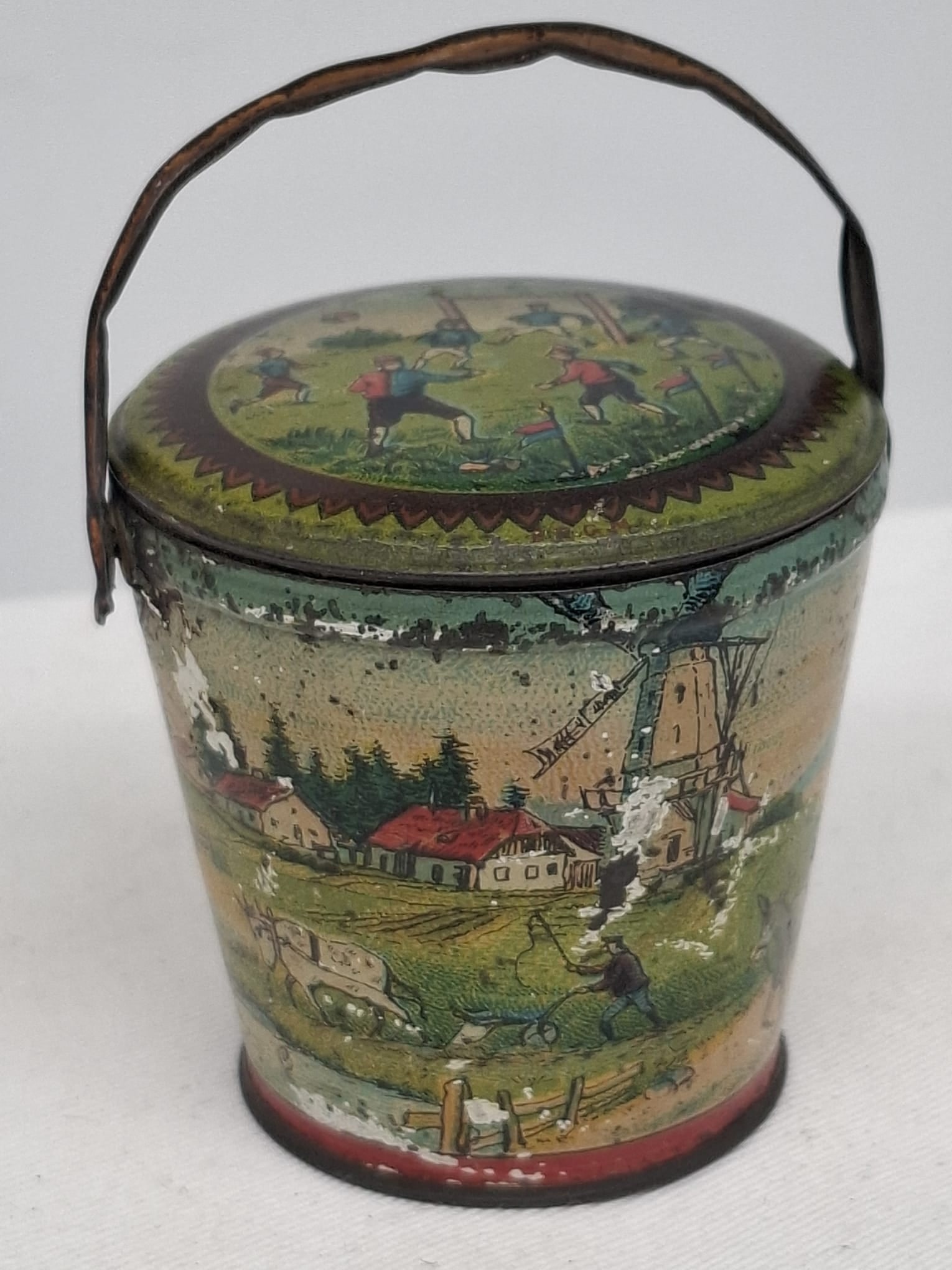 Antique Tin Penny Toy Candy Container Pail with Lithographed Decoration, Circa 1910 (1 of 5)