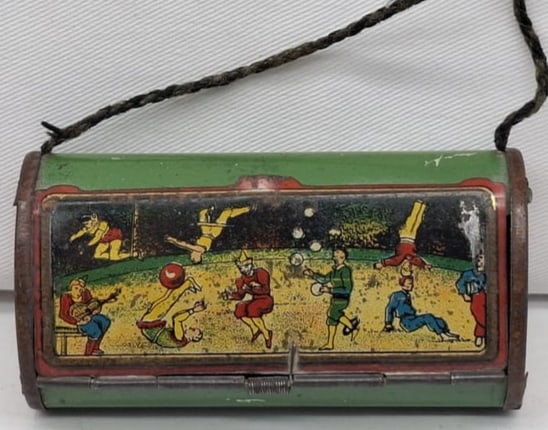 Rare Antique Tin Penny Toy Vasculum with Clowns, Circa 1910 (1 of 4)