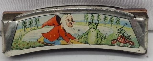 Antique German Tin Penny Toy Harmonica with Gnome & Teddy Bear Lithograph, Circa 1910 (1 of 2)