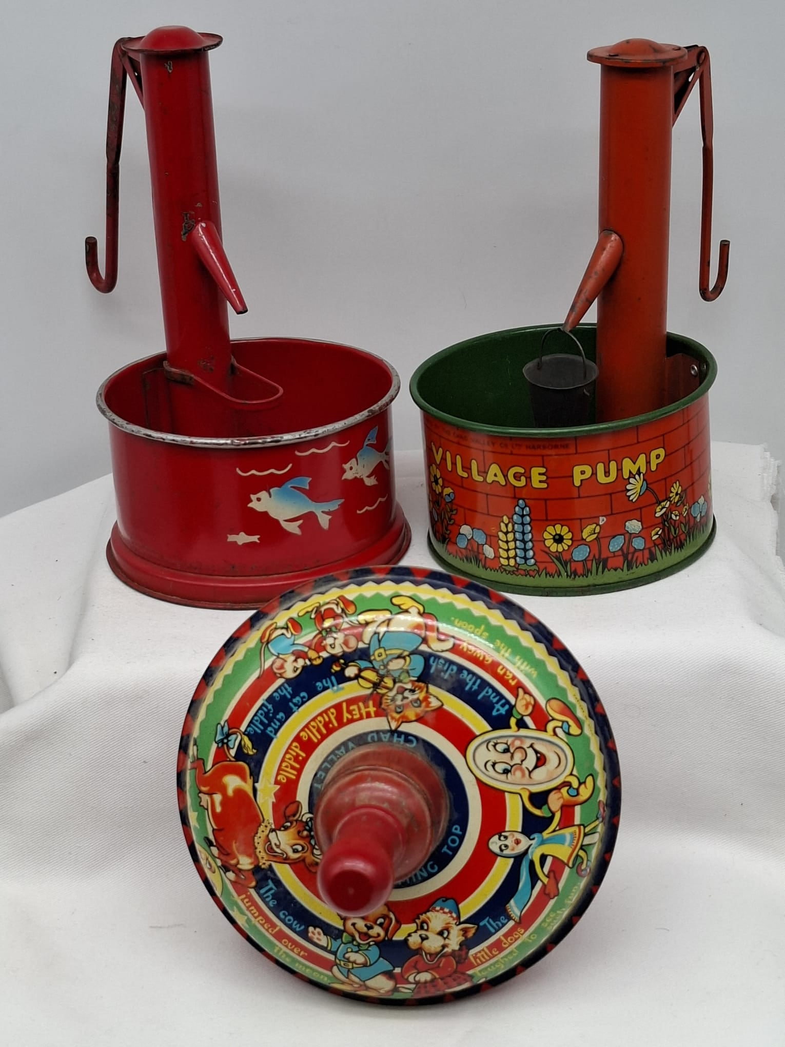 Group of 3 Vintage Tin Toys, Chad Valley “Ye Old Village Pump” & Spinning Top, Lithographed, (1 of 8)