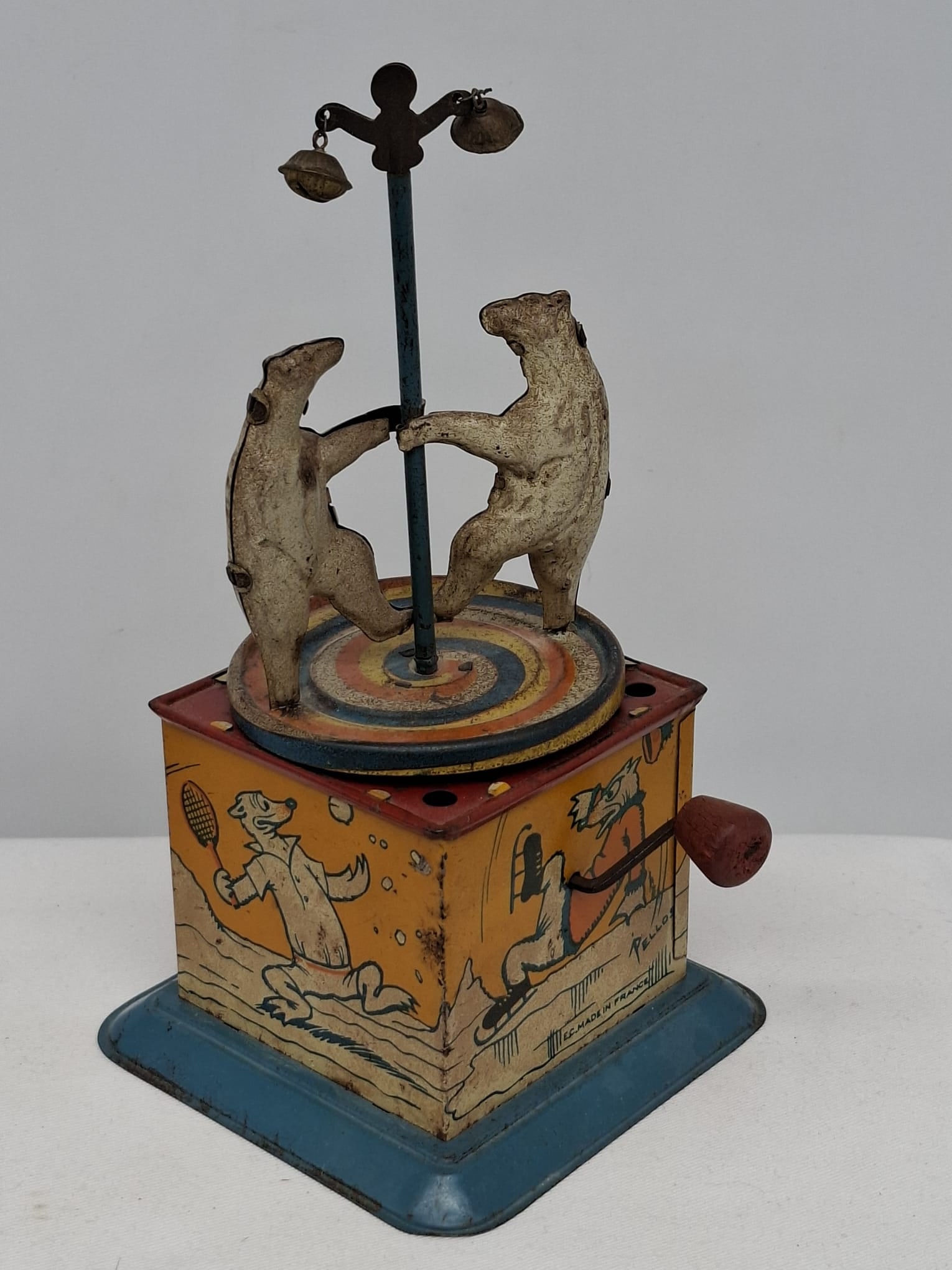 French Tin Musical Crank Toy with Polar Bears, Lithographed, “E.C. Made in France,” Working (1 of 4)