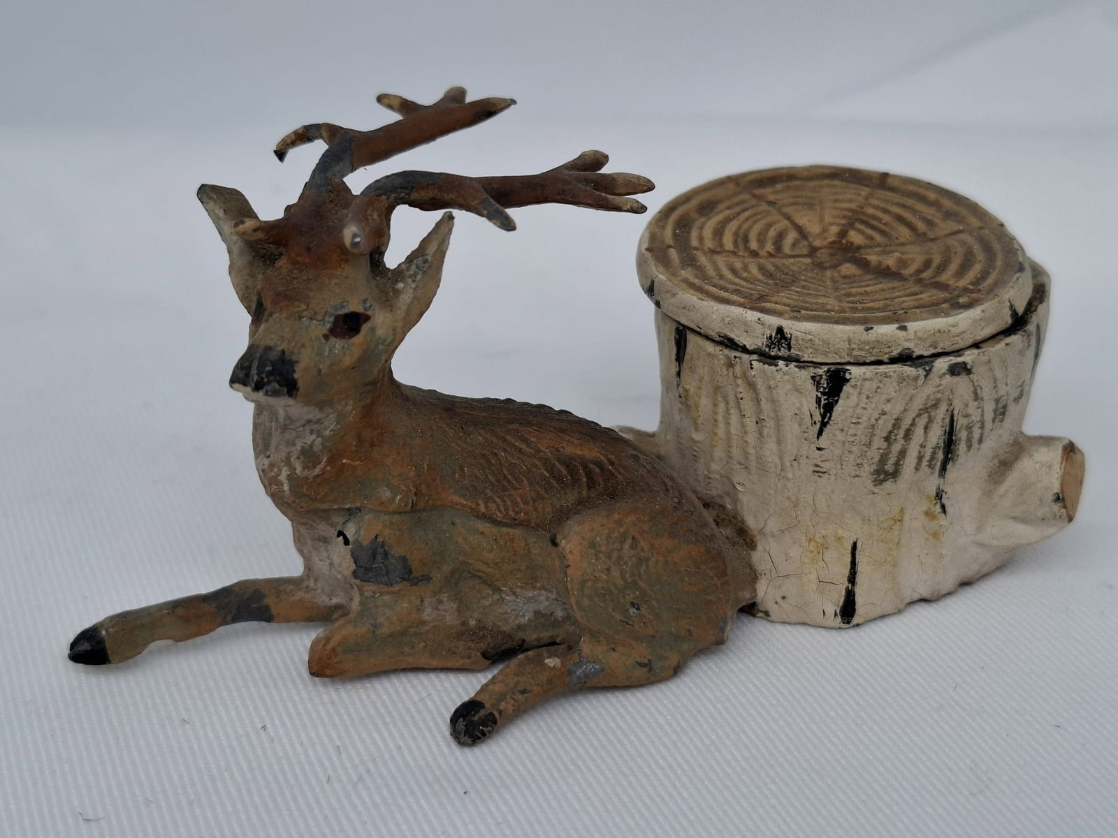Rare German Lead Deer Inkwell/Paperweight – Painted Figural Form with Milk Glass Liner, c. (1 of 6)