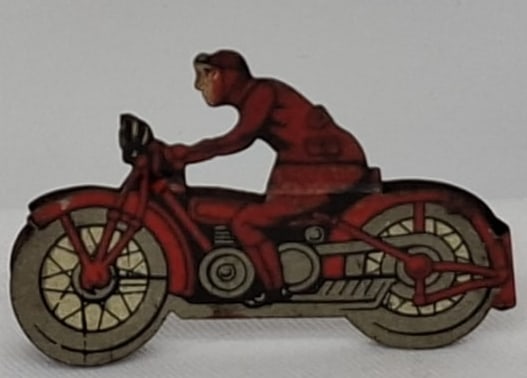 Antique Tin Penny Toy Motorcycle, Lithographed Double-Sided, Early 20th Century: A charming and finely detailed antique tin penny toy motorcycle, dating to the early 20th century. Measuring just over 2 inches in length, this miniature features crisp, colorful lithography applied t