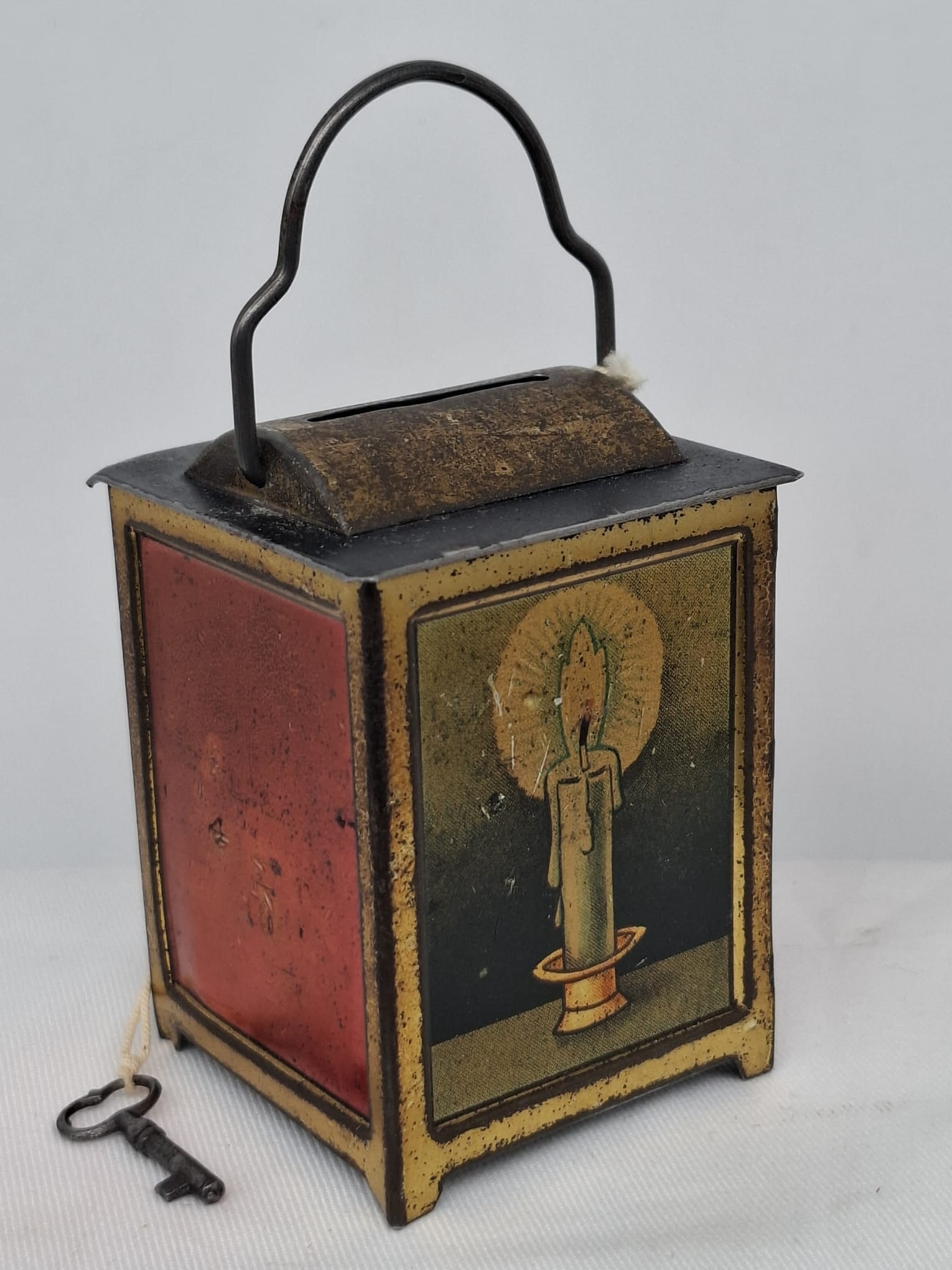 Antique German Lithographed Tin Penny Bank w/ Original Key & Wire Handle, c.1910 (1 of 5)