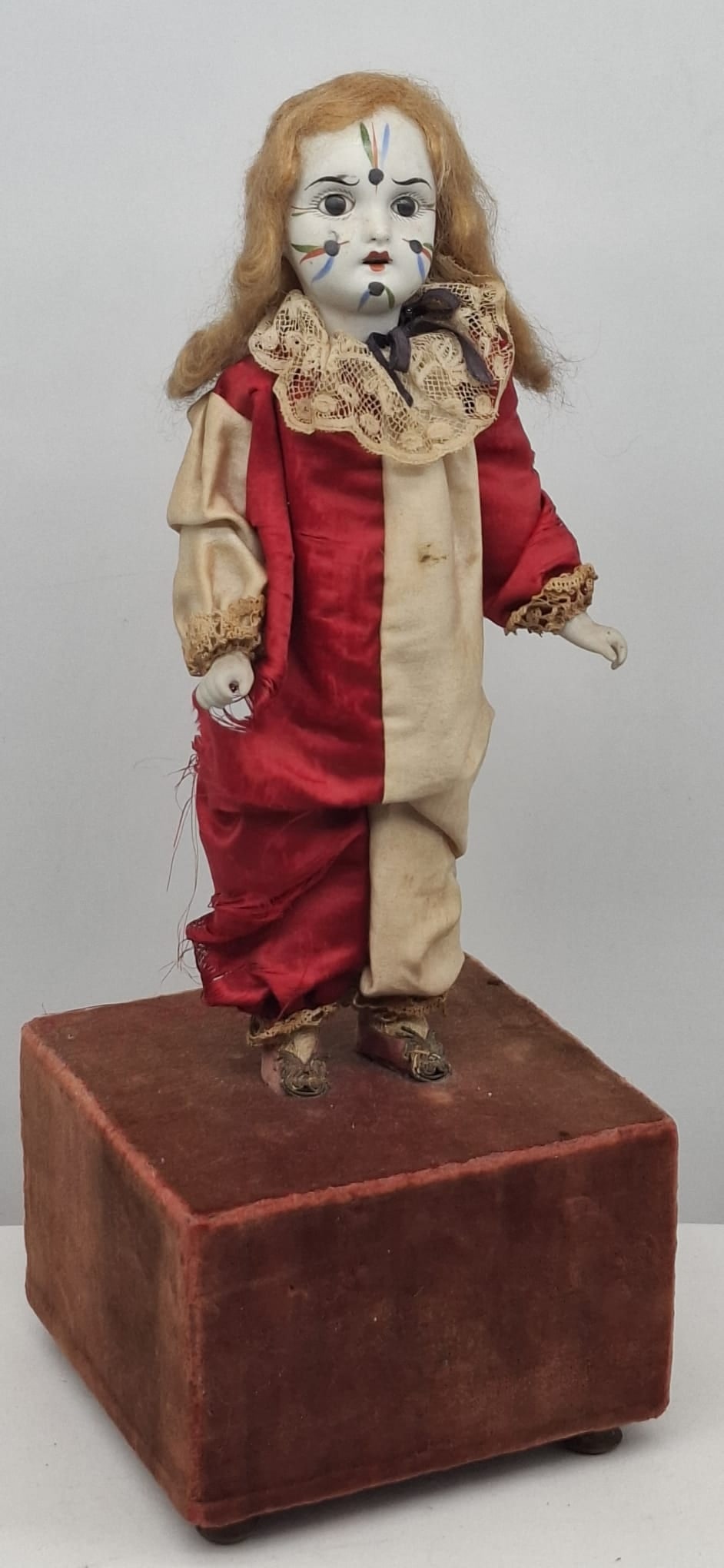 French Clockwork Clown Automaton with Bisque Head and Original Silk Costume, c. 1900–1920 (1 of 10)
