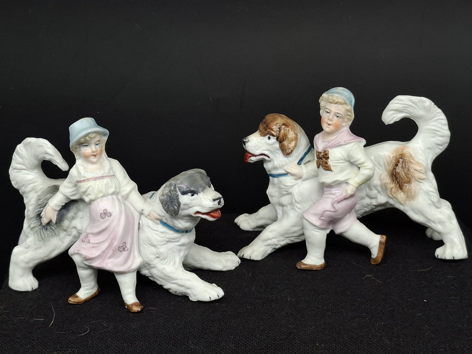 Pair of Antique German Bisque Porcelain Figures of Children with Dogs, c.1900 (1 of 4)