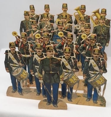 Rare 19th Century French Chromolithographed Expandable Paper Toy Soldiers by E. & Cie: A rare and fascinating group of 19th century French chromolithographed paper toy soldiers produced by E. & Cie, beautifully printed in vivid period color and designed as expandable or articulated pape