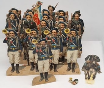 Rare 19th Century French Chromolithographed Expandable Paper Toy Soldiers by E. & Cie: A rare and fascinating group of 19th century French chromolithographed paper toy soldiers produced by E. & Cie, beautifully printed in vivid period color and designed as expandable or articulated pape