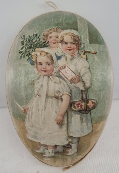 Antique Silk Easter Egg Candy Container with Lithographed Children, Late 19th / Early 20th Century (1 of 5)