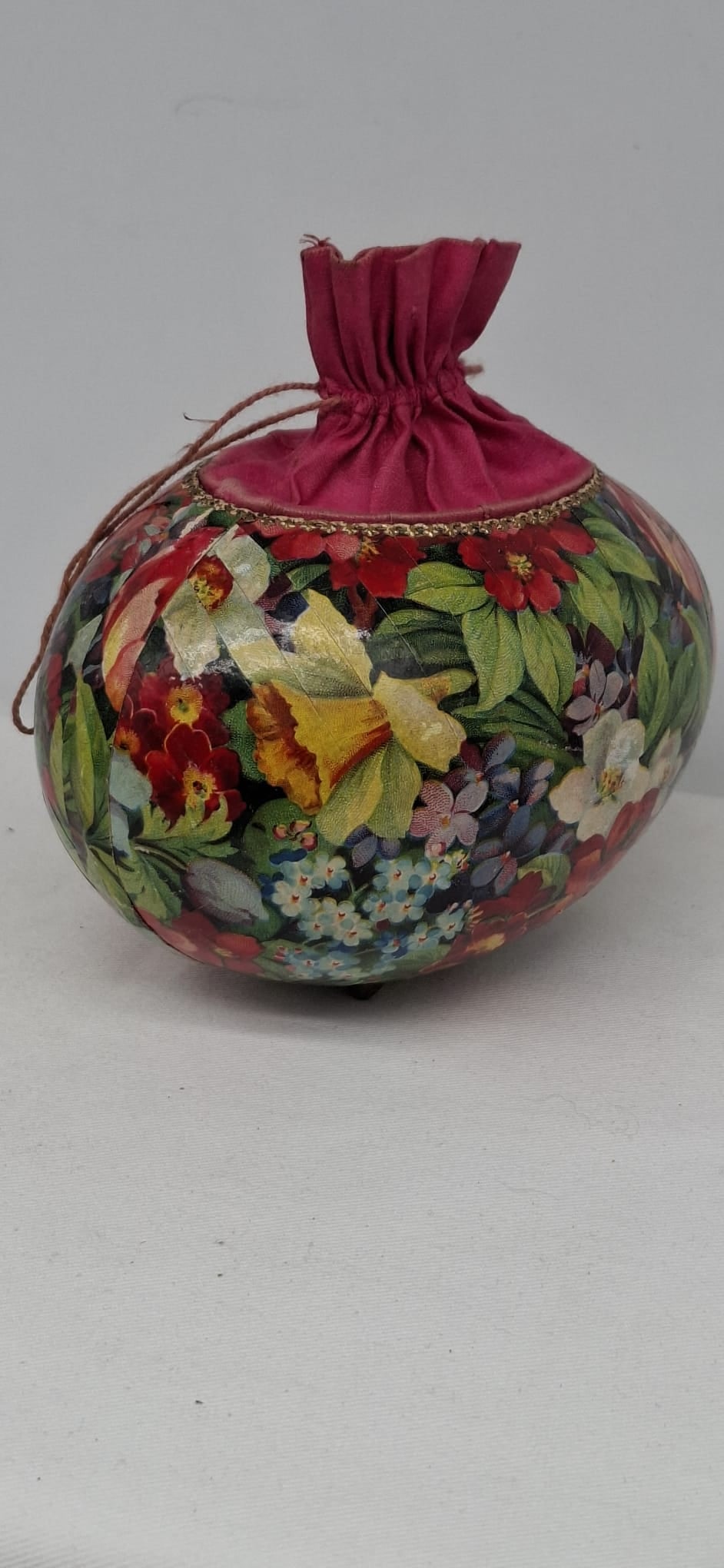 Exceptional Antique Easter Egg Candy Container with Silk Drawstring Top, Circa 1900 - 2