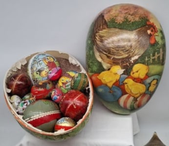 Large West German Easter Egg with Miniature Cardboard & Tin Eggs Collection, Mid-20th Century: A charming and visually striking mid-20th century West German Easter display egg, beautifully crafted from embossed cardboard and filled with an assortment of smaller decorative eggs in both cardboard