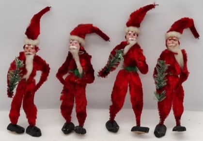 Five Vintage Chenille Santa Claus Figures with Papier-Mâché Faces and Wooden Shoes (1 of 3)