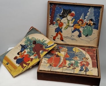Rare Santa Claus Wooden Cube Puzzle Game with Six Christmas Scenes, Circa 1930 (1 of 5)