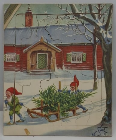 Vintage Christmas Jigsaw Puzzle Depicting Elves Pulling a Christmas Tree on a Sled in Winter Landsca (1 of 2)