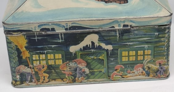 Rare Interwar Christmas Tin in the Form of a Snow-Covered Cabin with Santa Claus and Elves, Circa 19: A delightful and highly decorative vintage Christmas tin, beautifully designed in the form of a rustic snow-covered cabin and dating to the Interwar period, circa 1920s–1930s. Richly lithographed wi