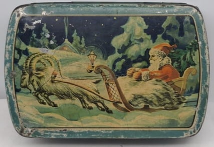 Rare Vintage Christmas Tin Depicting Santa Claus in a Goat-Drawn Sleigh (1 of 2)