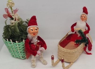 Pair of Mid-Century Chenille Santa Claus Figures with Paper Mâché Faces, Wicker Sleigh and Basket (1 of 4)