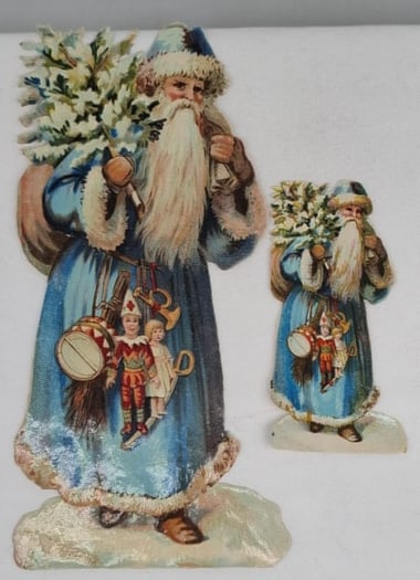 Two Antique Chromolithographed Santa Claus Die-Cuts ("Scraps"), c. 1900, German Christmas Ephemera: A delightful pair of antique Santa Claus die-cut scraps, dating to approximately 1900, and beautifully produced using the vibrant chromolithographic printing techniques for which Germany became world-