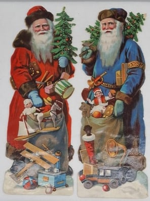 Two Antique Chromolithographed Santa Claus Die-Cuts ("Scraps"), c. 1900, German Christmas Ephemera: A delightful pair of antique Santa Claus die-cut scraps, dating to approximately 1900, and beautifully produced using the vibrant chromolithographic printing techniques for which Germany became world-