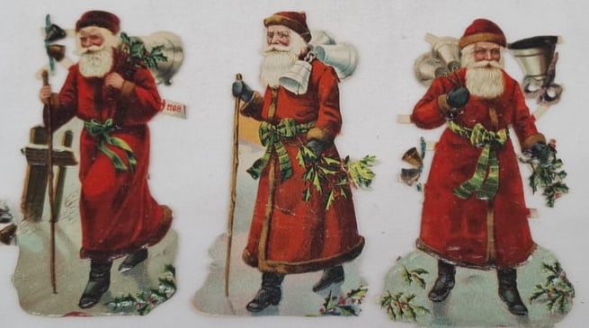 three Antique Chromolithographed Santa Claus Die-Cuts ("Scraps"), c. 1900, German Christmas Ephemera: A delightful set of antique Santa Claus die-cut scraps, dating to approximately 1900, and beautifully produced using the vibrant chromolithographic printing techniques for which Germany became world-f