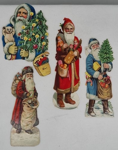 Four Antique Chromolithographed Santa Claus Die-Cuts ("Scraps"), c. 1900, German Christmas Ephemera: A delightful set of antique Santa Claus die-cut scraps, dating to approximately 1900, and beautifully produced using the vibrant chromolithographic printing techniques for which Germany became world-f